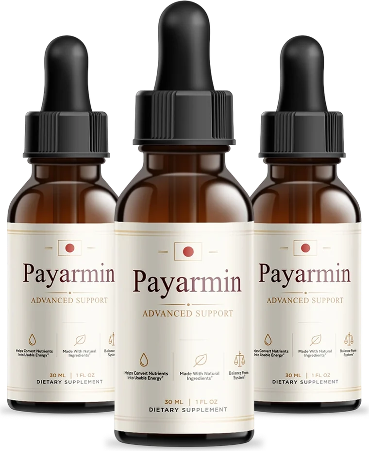 Three amber Payarmin dropper bottles with black dropper tops standing side by side, Dietary Supplement