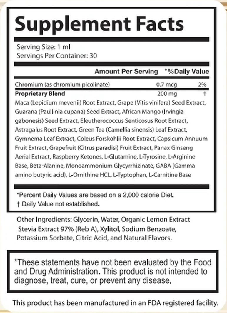 The Supplement Facts panel: serving size 1 ml, chromium 0.7 mcg, proprietary blend 200 mg and the ingredient list