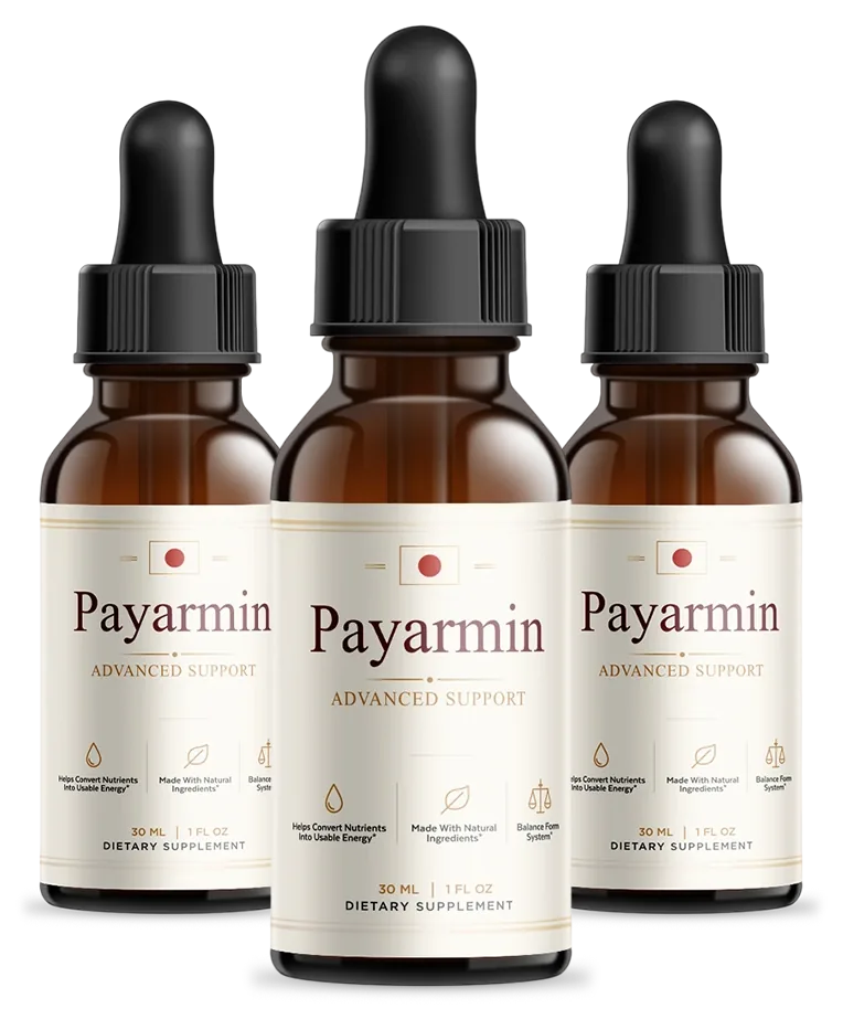 Three amber Payarmin dropper bottles with black tops side by side