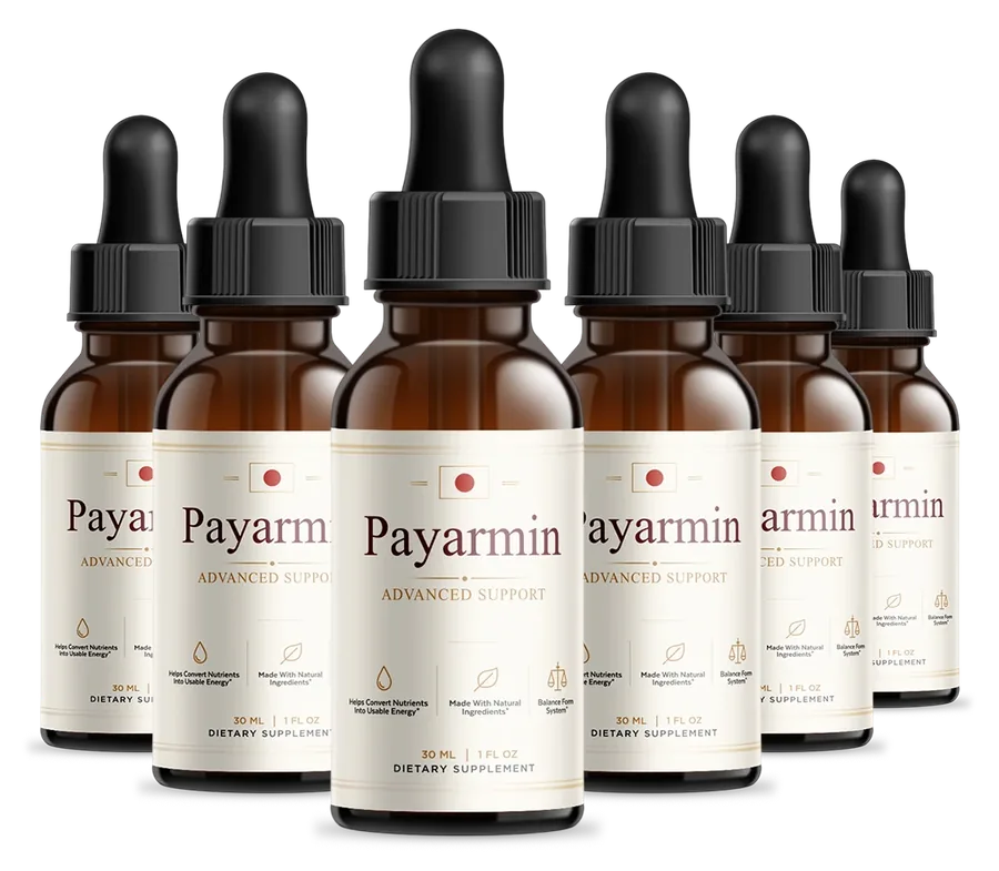 Six amber Payarmin dropper bottles in two rows